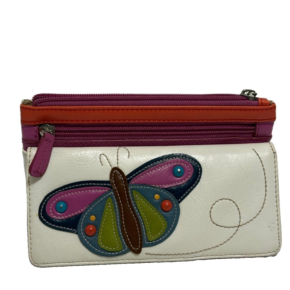 Relic Faux Leather Butterfly Wallet White Purple‎ Orange Double Zip